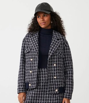Jaqueta Bomber em Tweed com Estampa Pied-de-poule Azul 