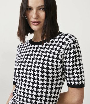 Blusa em Tricô com Estampa Pied-de-poule Preto 