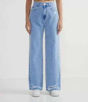 CALÇA WIDE LEG EM JEANS COM PUÍDOS AZUL