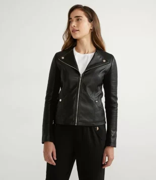 Jaqueta Biker com Bolsos e Pespontos Preto