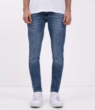 CALÇA SKINNY EM JEANS MARMORIZADO E BOLSOS AZUL
