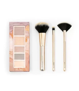 KIT MAQUIAGEM COM 3 PINCÉIS E 1 PALETA DE SOMBRAS E ILUMINADORES ROSA