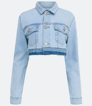 JAQUETA CROPPED EM JEANS COM BARRA DUPLA A FIO AZUL