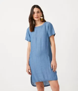 VESTIDO EM LIOCEL COM MANGA CURTA AZUL