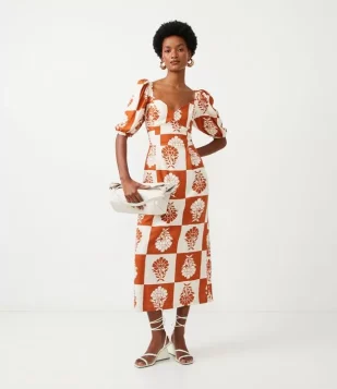 VESTIDO MIDI EM LINHO COM MANGA BUFANTE E ESTAMPA FLORAL LARANJA