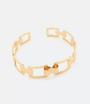 BRACELETE RÍGIDO EM METAL COM ELOS QUADRADOS DOURADO