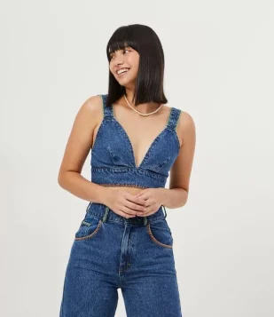 BLUSA REGATA CROPPED JEANS COM PESPONTO NEON AZUL