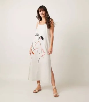 VESTIDO LONGO EM LINHO COM BORDADO E ALÇA DIFERENCIADA OFF WHITE