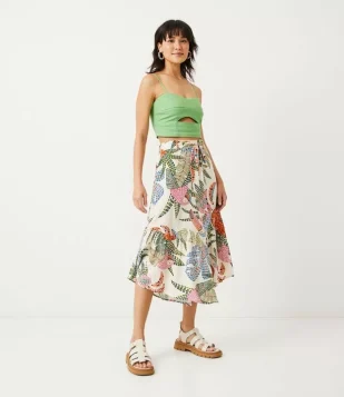 SAIA NEW MIDI EM VISCOSE COM ESTAMPA MOSAICO DE COQUEIROS BEGE