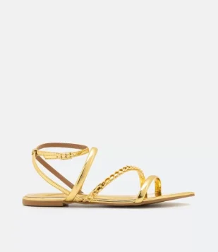 SANDÁLIA RASTEIRA COM BICO FOLHA E AMARRAÇÃO COM CORRENTE DOURADO