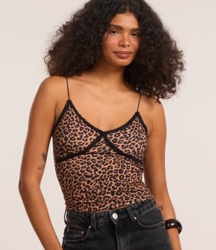 Blusa Alça Fina com Decote em V Rendado e Estampa Animal Print Onça Marrom-Preto