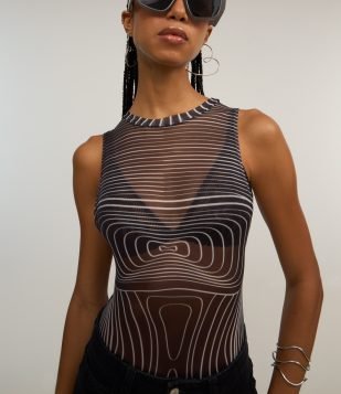 Body em Tule com Estampa em Linhas Geométricas Preto