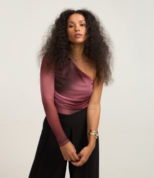 Body em Tule com Um Ombro Só e Estampa Abstrata Bordô