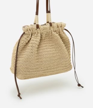Bolsa de Praia em Palha com Alça de PU Bege