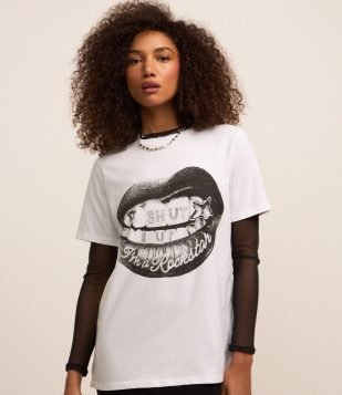 Camiseta Alongada em Algodão com Estampa Boca Branco