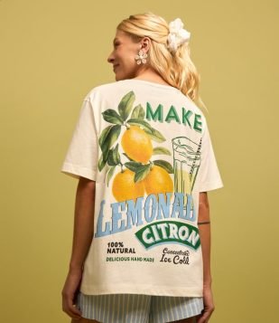 Camiseta Alongada em Algodão com Estampa Lemonade Branco