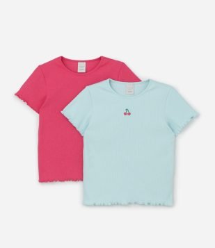 Kit 02 Camisetas Infantil em Ribana Estampa de Cereja - tam 5 a 14 Anos Rosa-Azul