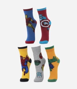 Kit 05 Pares de Meias Infantis com Estampa dos Vingadores - Tam 19-22 ao 31-34 Multicores