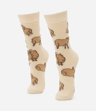 Meia Cano Alto em Algodão com Estampa de Capivaras Bege