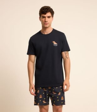 Pijama Curto em Algodão com Estampa de Capivara Azul