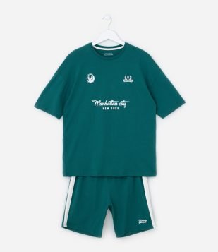 Pijama Infantil Esportivo com Lettering Manhattan City - Tam 8 a 16 Anos Verde