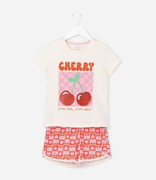 Pijama Infantil com Estampa Cereja -Tam 5 a 14 Anos Bege-Laranja-Rosa
