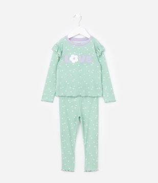 Pijama Infantil em Ribana Bordado e Babados - Tam 2 a 4 Anos Verde