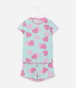 Pijama Infantil em Ribana com Estampa Corações - Tam 5 a 16 Anos Azul-Rosa