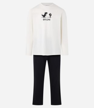 Pijama Longo em Algodão com Estampa Localizada Bege-Preto