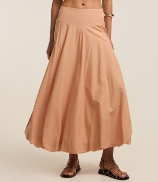 Saia Balonê Midi em Tricoline com Cós Largo Coral