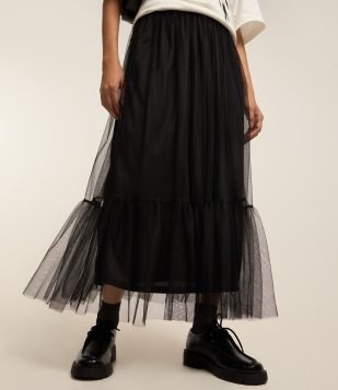 Saia Midi em Tule com Transparência Preto