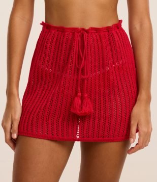 Saída de Praia Saia Efeito Crochê com Amarração e Tassel Vermelho