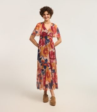 Vestido Evasê Longo em Tule com Estampa Floral Multicores