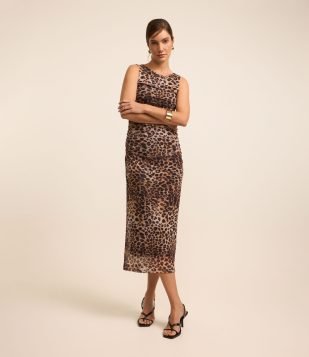 Vestido Midi em Tule com Estampa Animal Print Marrom