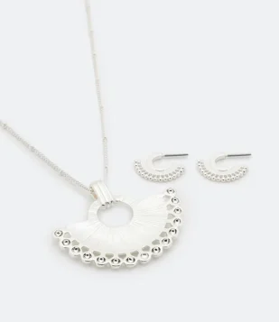 CONJUNTO BRINCO E COLAR EM METAL COM PINGENTE MEIA LUA PRATA