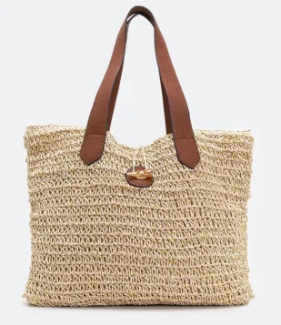 BOLSA TOTE EM CROCHÊ COM BOTÃO BEGE