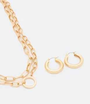 CONJUNTO COLAR E BRINCO EM METAL CORRENTE DOURADO
