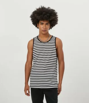 CAMISETA REGATA EM ALGODÃO LISTRADO PRETO