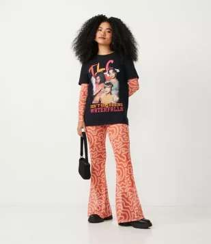 CALÇA BAILARINA CINTURA ALTA EM TULE E ESTAMPA ABSTRATA LINHAS CURVAS LARANJA