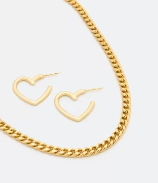 CONJUNTO BRINCO E COLAR EM METAL CORRENTE GRUMET FINA DOURADO