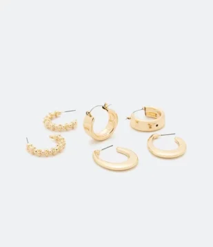 KIT 03 BRINCOS ARGOLAS EM METAL COM DIFERENTES FORMATOS DOURADO