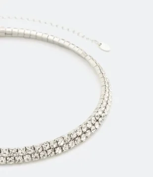 GARGANTILHA RÍGIDA DUPLA EM METAL CRAVEJADA DE STRASS CINZA