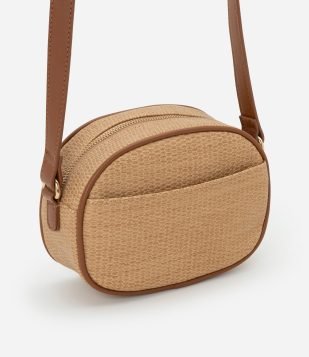 Bolsa Câmera Bag Transversal Pequena com Textura de Palha Bege