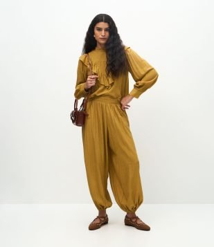 Calça Aladim em Viscose com Cós Elástico Amarelo