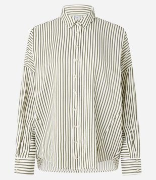 Camisa Amassadinha com Esta de Listras e Texturizada Verde