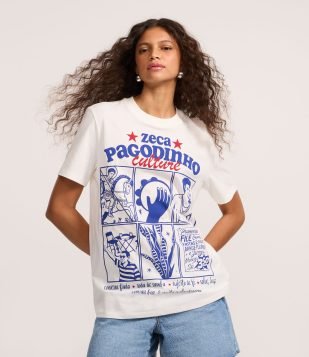 Camiseta T-shirt em Algodão Estampa Zeca Pagodinho Culture Branco