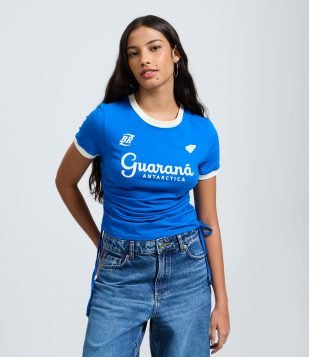 Camiseta em Algodão com Estampa Guaraná e Amarração Lateral Azul