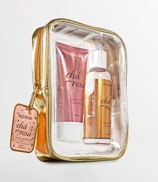Kit Necessaire Dourada Cha Rosa com Sabonete Liquido + Hidratante Maes 2023 Alchemia KIT