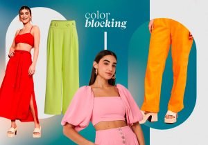 Imagem com fundo azul e branco com uma mulher usando uma blusa rosa de de manga curta bufante e ao lado uma calça laranga, uma saldalia de salto branco, uma calça verde e uma mulher usando uma saia comprida vermelha e uma blusa cropped de alça vermelha