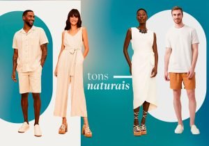 Imagem com fundo azul e branco dois homens e duas mulheres e uma bermuda branca e uma bermuda marrom, um macacão comprido branco um vestido comprido branco e duas camisetas de manga comprida branca